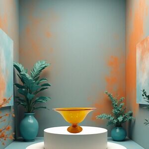 Erik Eiserling SEA Glasbruk Tangerine Red Rim Art Glass Compote Bowl‎ Signed